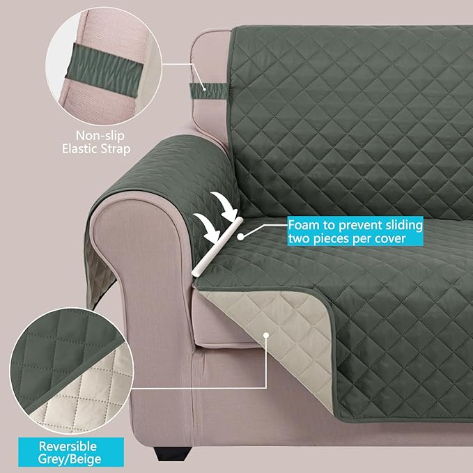 U-NICE HOME Recliner Chair Covers Reversible Chair Cover Pet Covers for Dogs with Elastic Straps Water Resistant Diamond Quilted (23''Recliner Small, Grey/Beige)