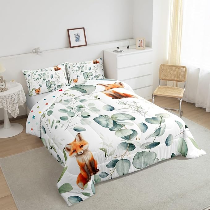 Erosebridal Girls Cartoon Animal Queen Size Comforter Set for Kids Toddler Kawaii Fox Bedding Set, Woodland Wildlife Down Comforter Jungle Wild Fox Bed Set, Botanical Green Eucalyptus Quilted Duvet