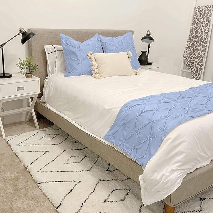 Bed Runner Set - 100% Pure Cotton 800 Thread Count - Luxury 1 Pinch Pleated Bed Runner and 2 Pillow Cover - 3 Piece Pinch Pleated Bed Runner Set California King, Light Blue