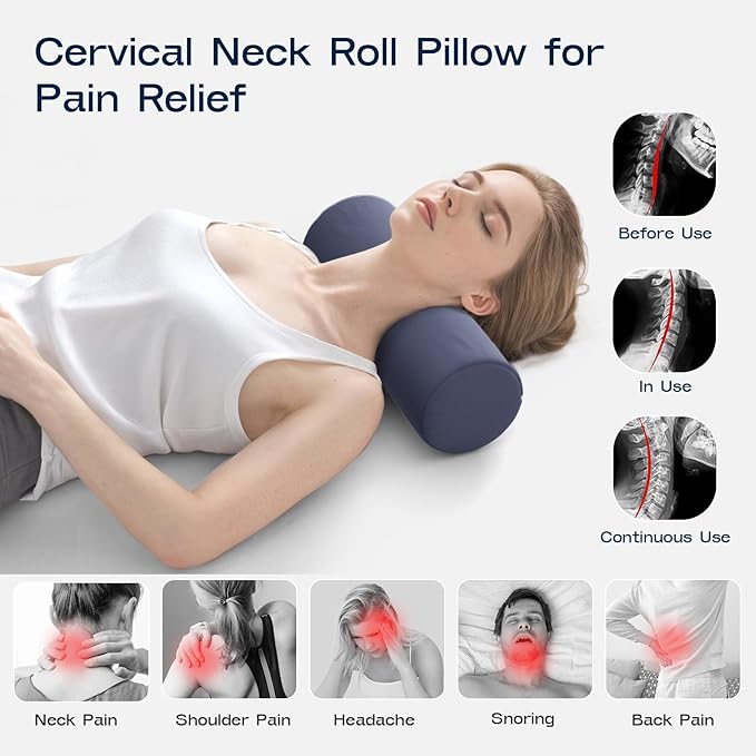 Neck Roll Pillow for Neck Pain Relief - Memory Foam Neck Support Pillow for Bed | Round Neck Pillow for Sleeping, 15.7 * 6 * 6inch ((Navy-Blue)
