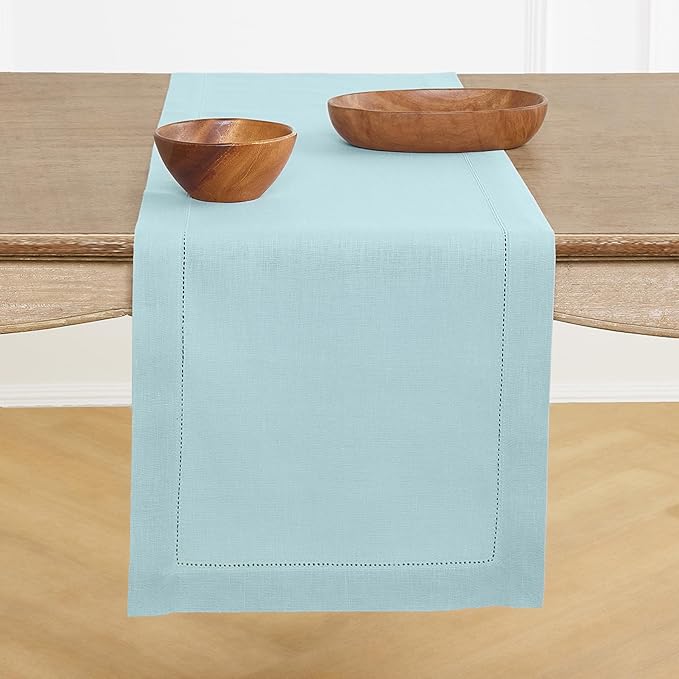 Solino Home Linen Aqua Blue Table Runner 72 Inches Long - 100% Pure Linen Hemstitch Table Runner 14 x 72 Inch for Dresser, Dining, New Year - Classic Hemstitch