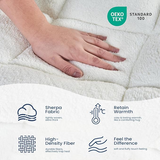 Mattress Topper Queen for Back Pain Thick Mattress Pad Cover Protector Sherpa Plush Pillow Top Down Alternative Fill Mattress Cover with 8-22 Inch Deep Pocket