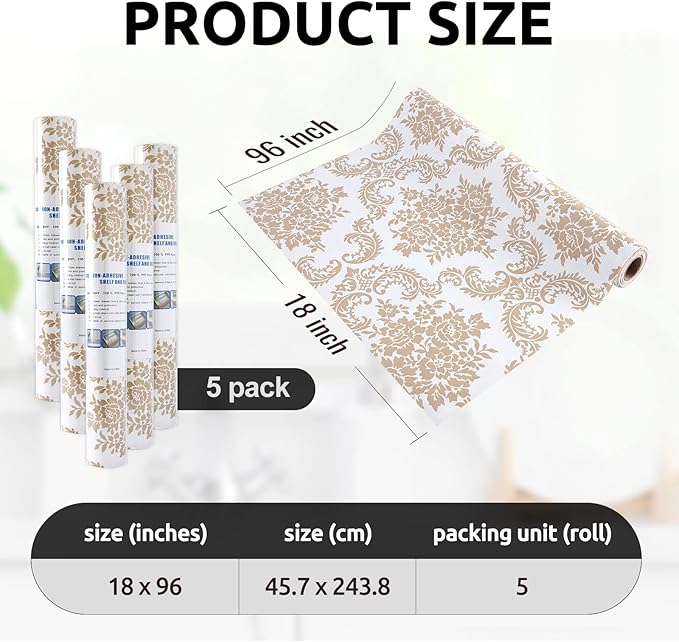 RAY STAR 18X96 Inch Shelf Liner for Kitchen Cabinets, Non-Adhesive Cabinet Liner Washable, PVC Drawer Liner for Dresser Non-Slip Bathroom (Yellow Pattern)(5 Roll)