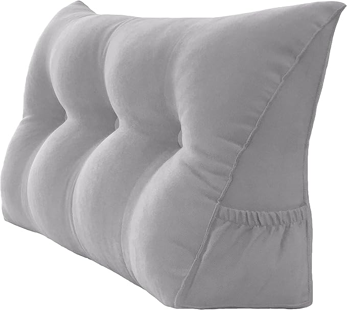 Triangular Reading Bed Rest Pillow Large Bolster Cushion Headboard Backrest Wedge Pillow with Removable Cover and Two Large Side Pockets (Chalk Grey, Twin: 39 x 8 x 20 inches)