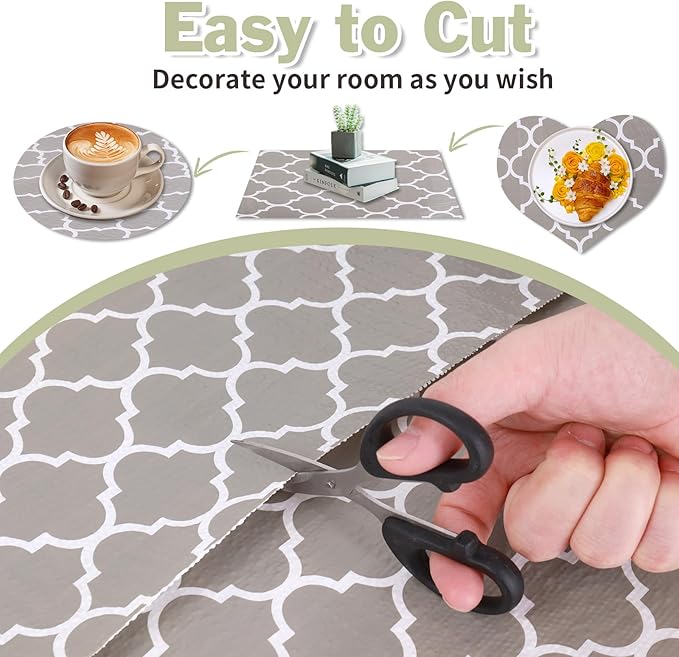 Drawer and Shelf Liner for Kitchen Cabinet: 17 in X 20 Ft Non Slip Waterproof Shelf Paper Non Adhesive Refrigerator Liners Gray Quatrefoil Easy Liners for Bathroom Cupboard with Knife Tape Measure