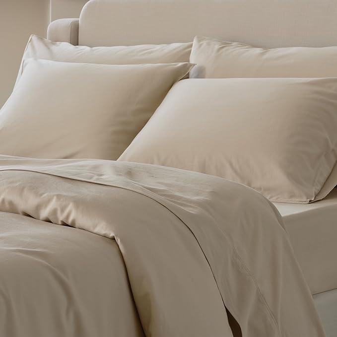 Double Stitch Cotton Tencel Duvet Cover - King Size Comforter Cover, Luxury & Soft Eucalyptus Lyocell Bedding Set for Hot Sleepers, Cooling & Breathable, Button Closure, Sandstone, 106"x90"
