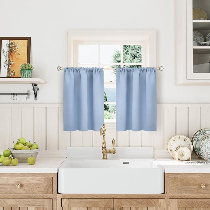 BGment Light Blue Blackout Curtains for Kitchen Cafe Window 34 x 36 Inch Length - Half Window Drape with Rod Pocket Thermal Insulated for Nursery Kids Bedroom Bathroom, 34 x 36 Inch, 2 Panels