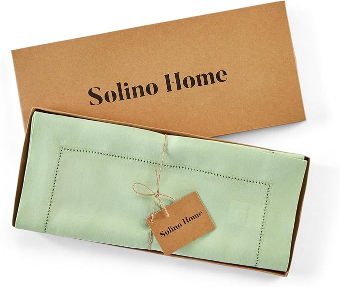 Solino Home Linen Table Runner 120 Inches Long - 100% Pure Linen Light Green Table Runner 14 x 120 Inch - Classic Hemstitch