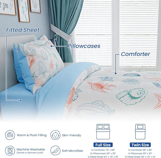 Kids Bedding Set for Girls Boys, Ultra Soft Microfiber Comforter Set Twin Size with 3-Pieces, Seashell Ocean Comforters Bed Sets for Kid Children Teen Tween Bedroom Decor