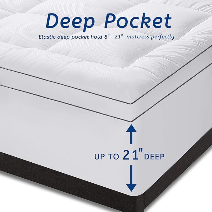 California King Mattress Topper for Back Pain, Cooling Extra Thick Mattress Pad Cover with 8-21 inch Deep Pocket, Plush Pillow Top Mattress Topper Overfilled with Down Alternative, Cal King, White