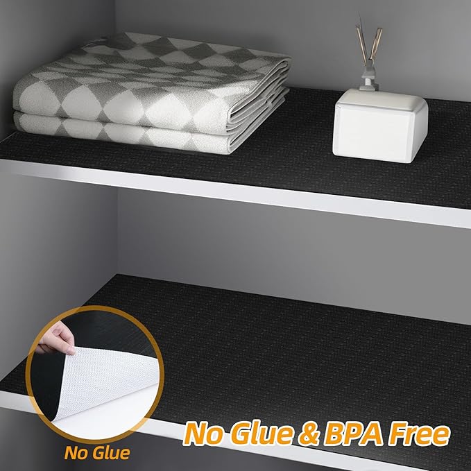 Shelf and Drawer Liner for Kitchen Cabinets Non-Adhesive, Strong Grip Non-Slip Thickened Cabinet Liners for Shelves, Waterproof Mats for Dresser Cupboard, Black, 12 in x 10 Feet