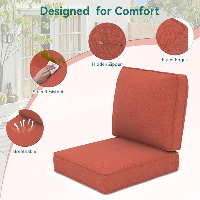 Outdoor Chair Cushions 23" x 24" x 4", Patio Deep Seat Replacement Cushions Set with Zippered Removable Cover, Weather-Resistant Olefin Fabric for Garden Chair Sofa Couch, Red