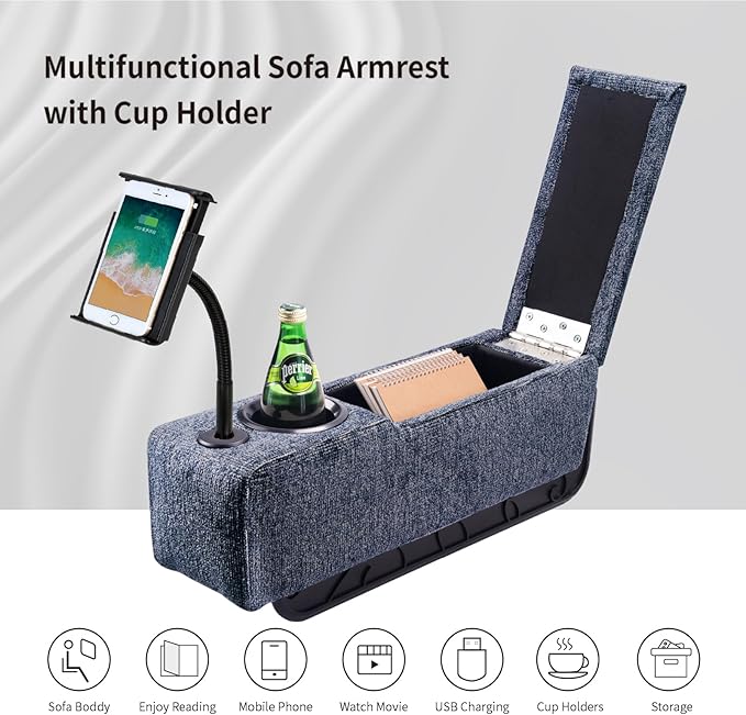 Multifunctional Sofa Armrest, Couch Armrest with Wireless Charge Stand, Removable Couch Caddy with Storage,Including LED Reading Light,Navy