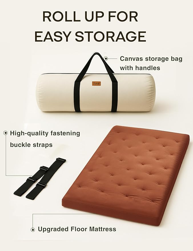 ZonLi Japanese Floor Futon Mattress Twin Size 75"x 39", 100% Cotton Cover 4'' Thicken Tatami Mattress, Foldable Sleeping Pad, Portable Dormitory Tatami Mat, Roll Up Floor Lounger Bed for Adult