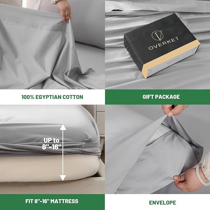 100% Egyptian Cotton Sheets King Size 4PCS 1000 Thread Count Sateen Weave Soft Breathable 16-Inch Deep Pocket （King,Grey）