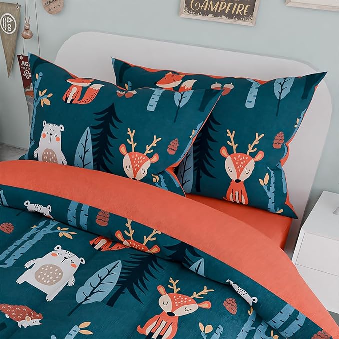 Woodland Animal Kids Bedding Set for Boys, Ultra Soft Microfiber Comforter Set Full Size 4-Pieces, Comforters Bed Sets for Kid Tween Teen Bedroom Decor