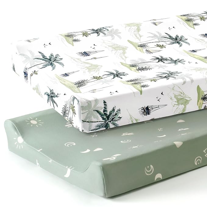 GRSSDER Stretch Ultra Soft Jersey Knit Changing Pad Cover Set 2 Pack, Change Table Pad Covers Fit 32"/34" x 16" Pads Safe and Snug, Sunny Holiday Pattern