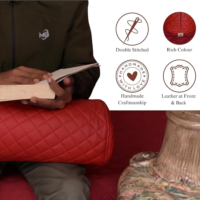 Neck Roll Pillow Cushion Cover, 24x7 Inch Full Moon Round Bolster Pillow Case, Cylinder Soft Lambskin Leather Pillowcase for Head, Spine & Neck Support During Sleep - Quilted Cherry Red Pack of 2