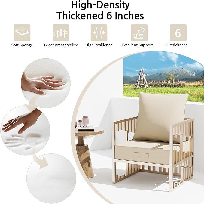 Outdoor Olefin Water-Resistant Deep Seat Cushion Set, 24''x24''x6'' Weather and Fade Resistant Patio Furniture Seat Cushion, Thickened Sofa Chair Pad with Straps for Lawn, Garden, Gray Apricot