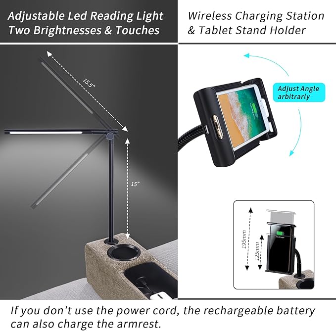 Multifunctional Sofa Armrest, Couch Armrest with Wireless Charge Stand, Removable Couch Caddy with Storage,Including LED Reading Light,Latte