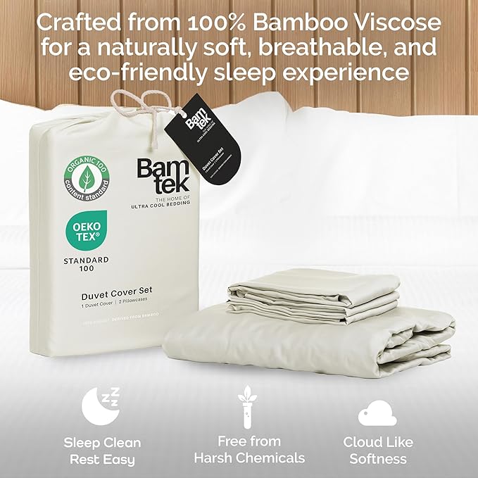 Duvet Cover Set - 100% Viscose Derived from Bamboo Duvet Cover Queen Size, 3 PC Luxury Cooling Duvet Cover for Hot Sleepers, Silky Buttery Soft Comforter Cover & 2 PC Queen Pillowcases, Ivory