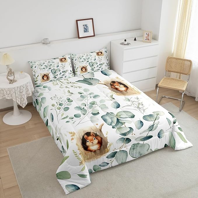 Erosebridal Kawaii Squirrel Bedding Twin for Boys Girls Cartoon Animal Comforter Set Twin, Eucalyptus Leaves Duvet Insert Jungle Wildlife Quilt Comforter, Tropical Plants Bedding Comforters & Sets