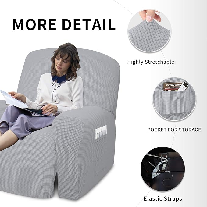 Easy-Going 4 Pieces Oversized Recliner Stretch Sofa Slipcover Sofa Cover Furniture Protector Couch Soft with Elastic Bottom Polyester Spandex Jacquard Fabric Small Checks Silver Gray,X-Large