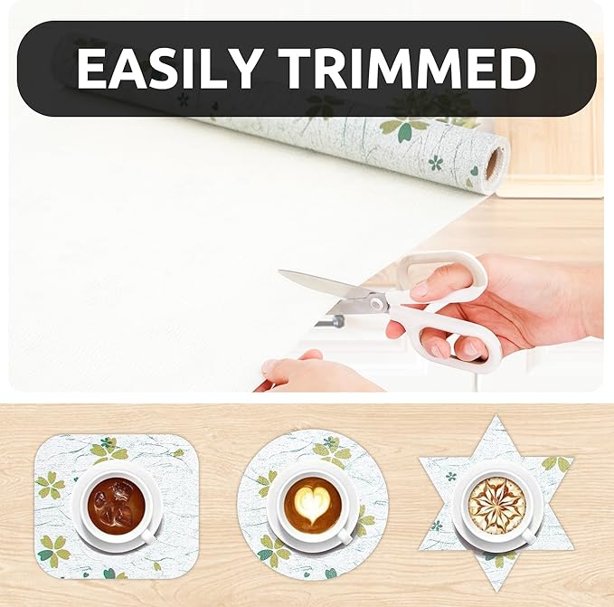 RAY STAR 12X120 Inch Shelf Liner for Kitchen Cabinets, Non-Adhesive Cabinet Liner Washable, PVC Drawer Liner for Dresser Non-Slip Bathroom (Green-Floral)(4 Roll)