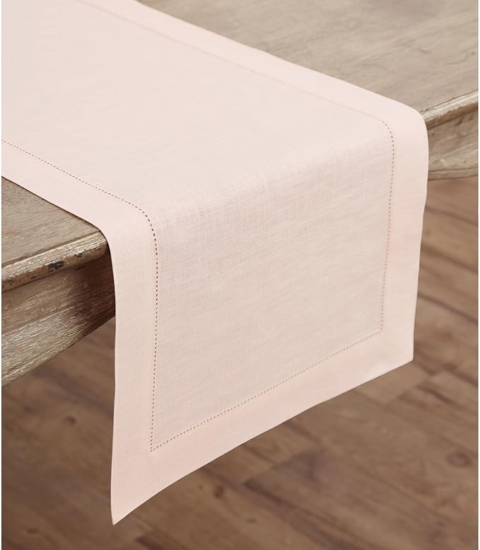 Solino Home Linen Pink Table Runner 60 Inches - Classic Hemstitch, 100% Pure Linen Coffee Table Runner 14 x 60 Inch Ideal for Dresser Tables - Christmas