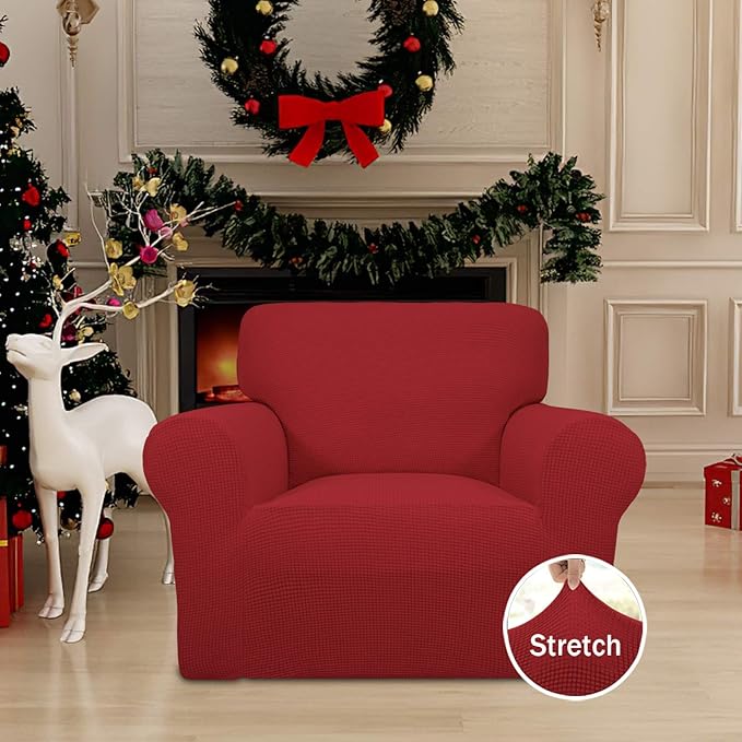 Easy-Going Stretch Chair Sofa Slipcover 1-Piece Couch Sofa Cover Furniture Protector Soft with Elastic Bottom for Kids, Pet. Spandex Jacquard Fabric Small Checks (Chair, Christmas Red)