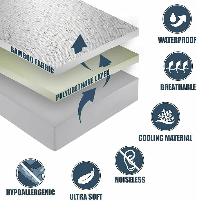 Bamboo Mattress Protector with Zipper - 100% Waterproof King Size Cooling Mattress Cover - Ultra Soft Jacquard Fabric Breathable Noiseless Mattress Pad Cover - Zippered Mattress Encasements