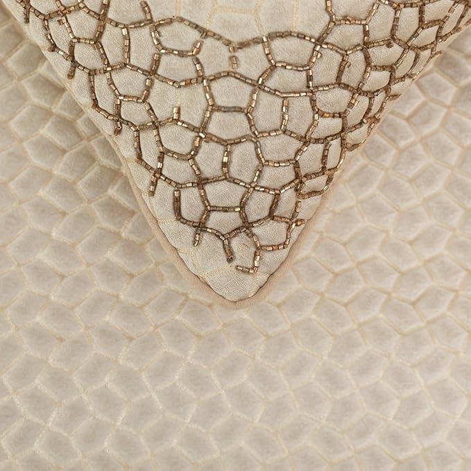 The HomeCentric King/Queen/Twin Ivory & Gold Designer CA King 86"x18" Bed Runner with Pillow Cover, Mosaic & Beaded Bed Scarf on Jacquard Fabric - Tessellation