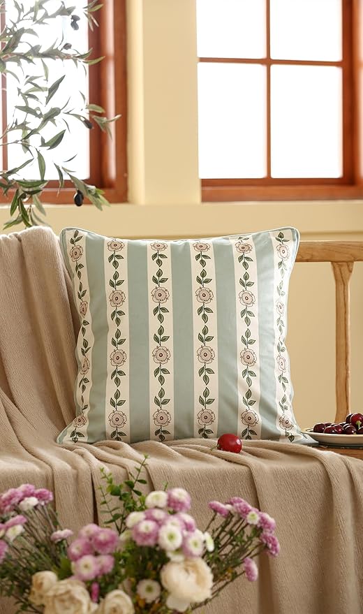 Throw Pillow Covers Pack of 1,Green Cozy Velvet Farmhouse with Flowers and Leaves Pattern Pillowcases,Decoration Square Pillows Cushion Covers for Couch Sofa Bed Car Chair,18"x18"…