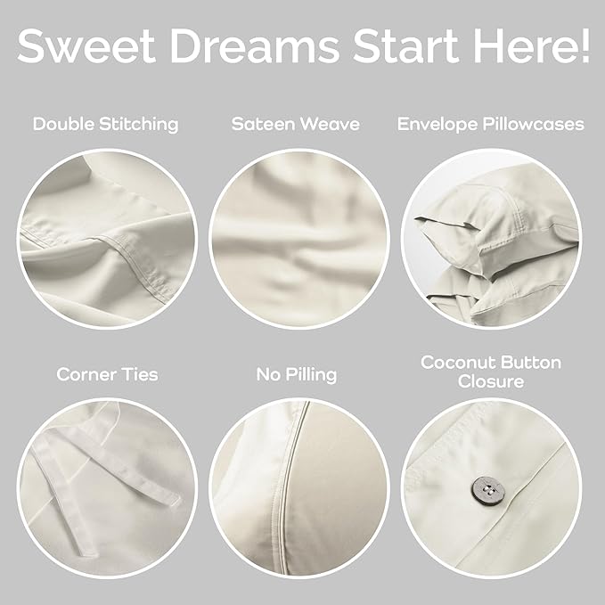 Duvet Cover Set - 100% Viscose Derived from Bamboo Duvet Cover Queen Size, 3 PC Luxury Cooling Duvet Cover for Hot Sleepers, Silky Buttery Soft Comforter Cover & 2 PC Queen Pillowcases, Ivory