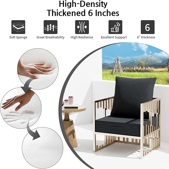 Outdoor Olefin Water-Resistant Deep Seat Cushion Set, 24''x 24''x 6'' Weather and Fade Resistant Patio Furniture Seat Cushion, Thickened Sofa Chair Pad with Straps for Lawn, Garden, Dark Gray