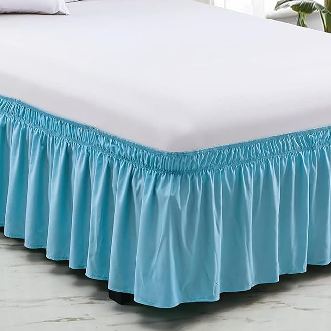 Light Blue Wrap Around Bed Skirts with 16" Drop - Three Sides Fabric Adjustable Elastic Dust Ruffle Silky Soft -600 TC Stretchy Bed Skirt-Queen XL(60"X 84") Light Blue