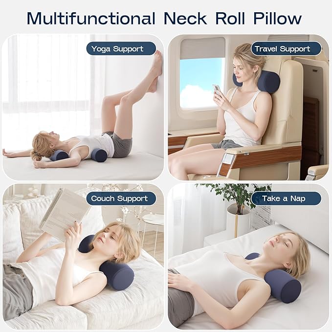 Neck Roll Pillow for Neck Pain Relief - Memory Foam Neck Support Pillow for Bed | Round Neck Pillow for Sleeping, 15.7 * 6 * 6inch ((Navy-Blue)