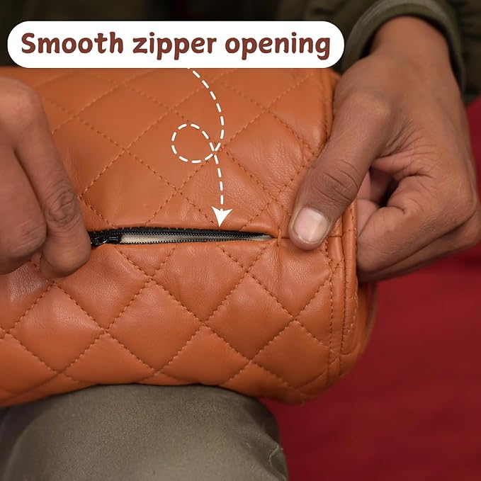 Neck Roll Pillow Cushion Cover, 22x7 Inch Full Moon Round Bolster Pillow Case, Cylinder Soft Lambskin Leather Pillowcase for Head, Spine & Neck Support During Sleep - Quilted Tan Pack of 1