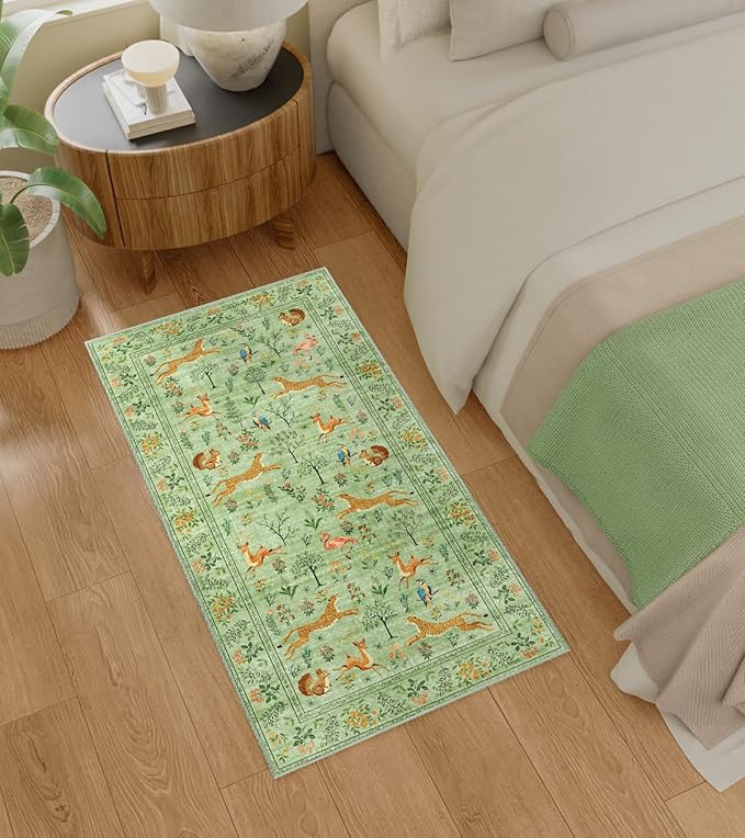 DUKINO 2x5 Rug for Hallway, Washable Kitchen Runner Rug with Non Slip Backing, Soft Low Pile Vintage Animal Runner for Bedroom, Kitchen, Hallway, Entryway, Laundry, Light Green