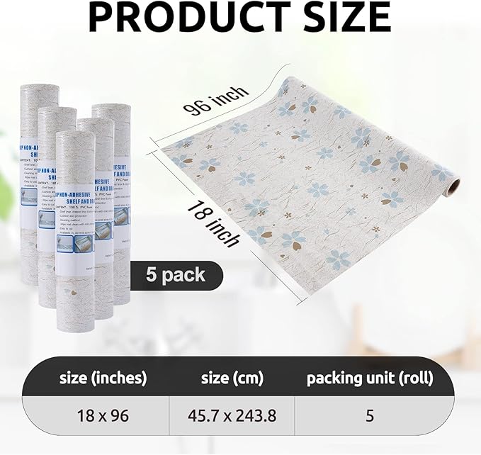 RAY STAR 18X96 Inch Shelf Liner for Kitchen Cabinets, Non-Adhesive Cabinet Liner Washable, PVC Drawer Liner for Dresser Non-Slip Bathroom (Floral)(5 Roll)