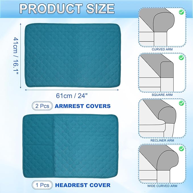 uxcell 3 PCS Armrest Covers, Couch Arm Cover Furniture Protect Slide Recliner Chair Armchair Covers with Side Storage Pocket for Sofa Recliner, Lake Blue
