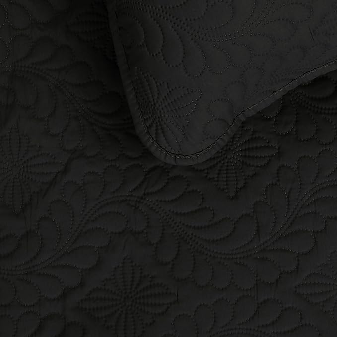 Easy-Going Full/Queen Size Reversible Quilt Set with 1 Quilt and 2 Pillow Shams, Soft Bed Quilt Cover, Water Resistant Lightweight Microfiber Bedspread, Stain Resistant, Olive Leaf-Black/Beige