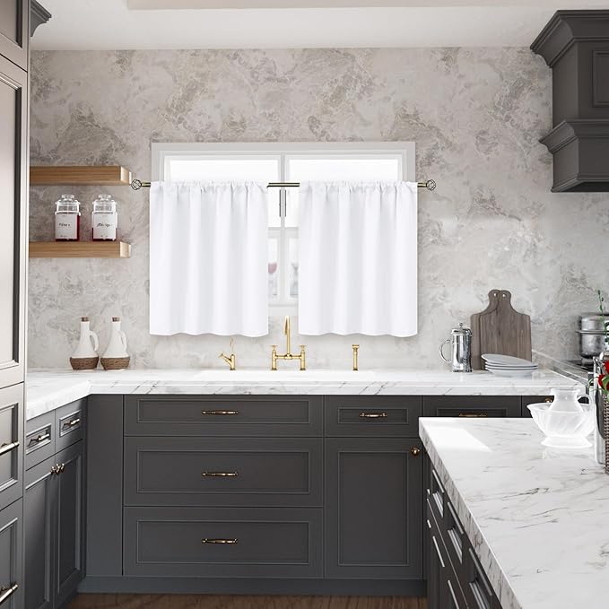 BGment White Curtains 45 Inches Length for Short Window - Rod Pocket 34 Inch Wide Small Drapes for Bedroom Kitchen Cafe Basement Privacy, 2 Panels, 34 x 45 Inch