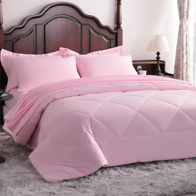 NTBAY King Comforter Set with Sheets, 7 Pieces Soft and Breathable King Bedding Set, Bed in a Bag, Down Alternative Comforter Set Solid Color All Season, King Bedding Set, Pink