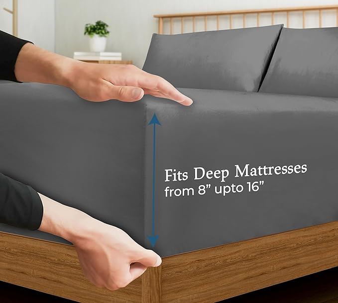 Royale Linens 400 Thread Count 100% American Grown Cotton Fitted Sheet Twin Size - All Around Elastic Fitted Sheet - Luxury Sateen Weave - Snug Fit Bottom Sheets Fit Up to 16" (Twin,Spanish Slate)