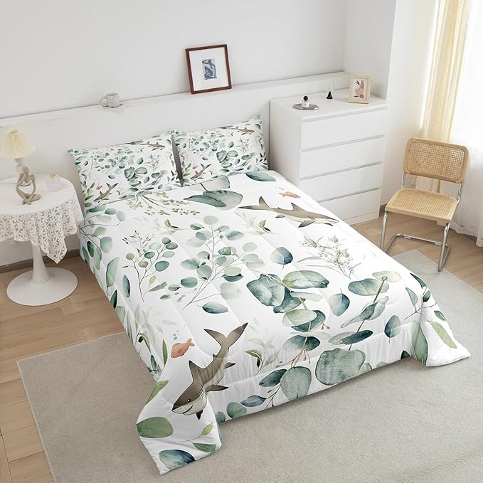 Erosebridal Girls Kawaii Animal Full Comforter Set Cute Shark Bedding Set Full, Cartoon Wildlife Bedding Comforter Sets Green Leaf Duvet Set, Spring Plant Quilted Comforter Child Kids Bedroom Decor