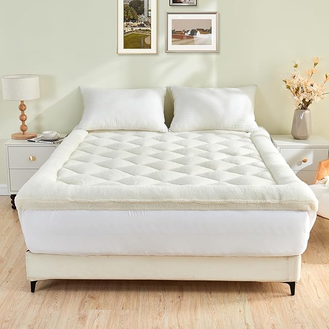 Mattress Topper California King for Back Pain Thick Mattress Pad Cover Sherpa Plush Pillow Top Down Alternative Fill Mattress Cover with 8-22 Inch Deep Pocket