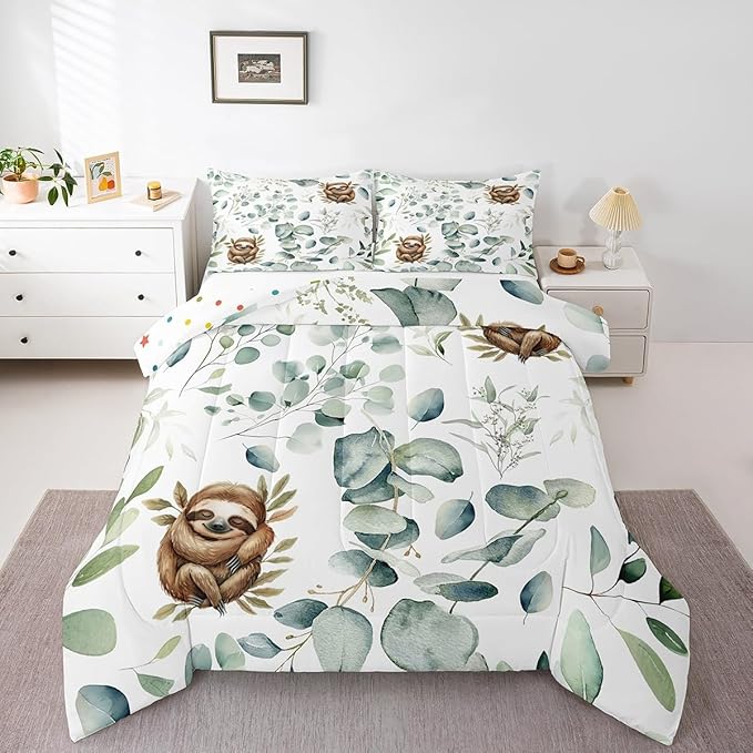 Erosebridal Girls Kawaii Animal Bedding Toddler Size Cute Sloth Comforter Set, Cartoon Wildlife Duvet Insert Green Leaf Quilt Comforter, Spring Plant Bedding Comforters & Sets Child Kids Bedroom Decor