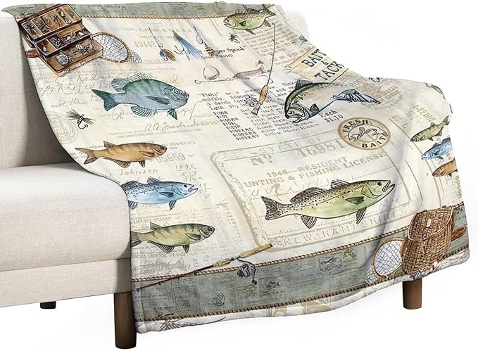 Fishing Blanket Gifts for Men and Kids - Soft Warm Cozy Fleece Throw for Adults - Fish Theme Couch Sofa Bed Cover 40"x50"