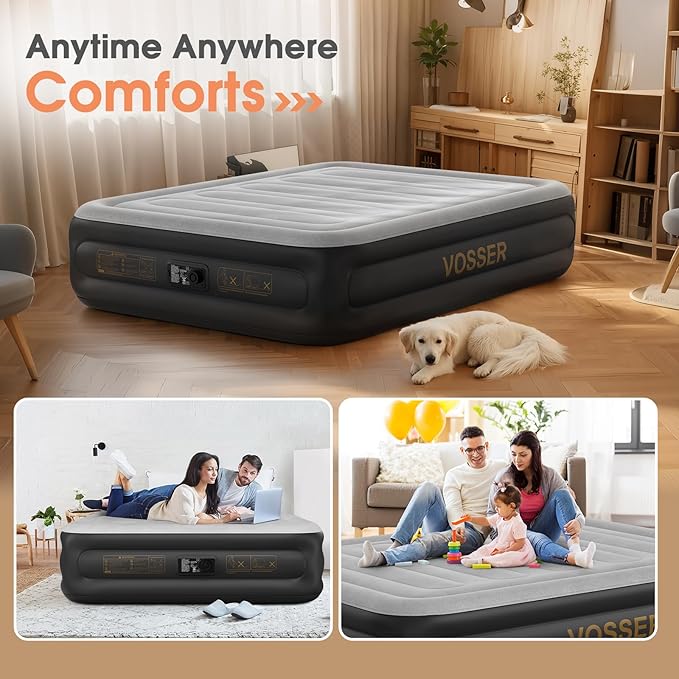 Air Mattress Queen with Built in Pump,18'' Inflatable Mattress 2 Mins Self-Inflation/Deflation,Thicker Blow up Mattress Leak-Proof,Flocked Top Air Bed with Storage Bag for Home, Camping & Guests